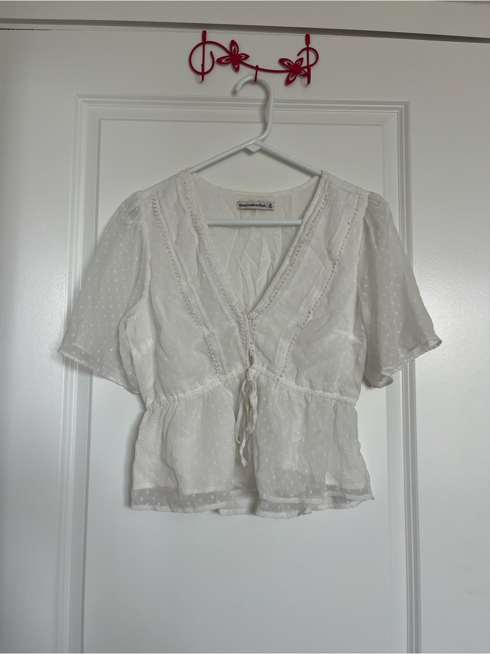 Abercrombie & Fitch Cream Swiss Dot V-Neck Tie-Front Blouse